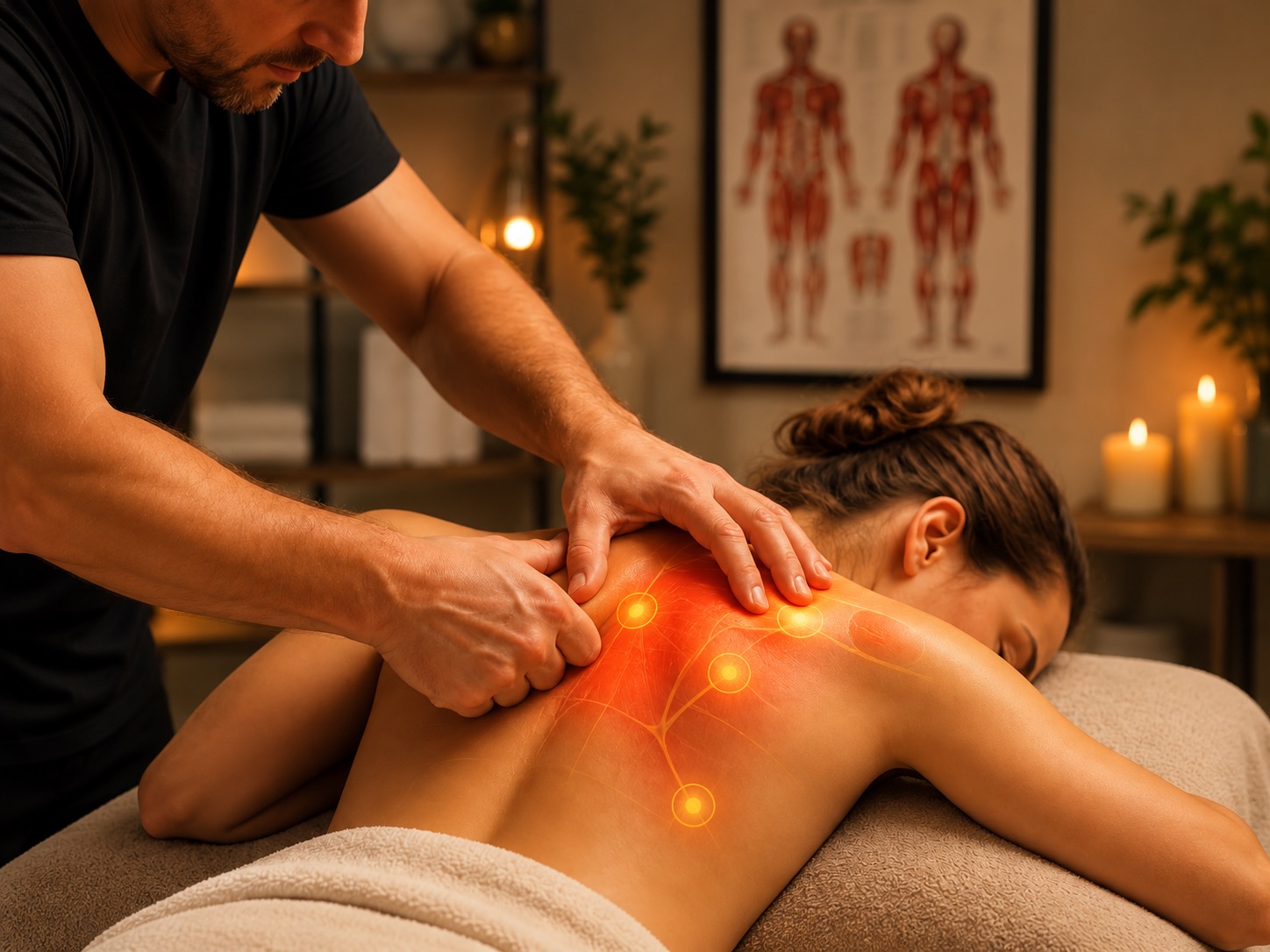 Focused deep tissue massage on the upper back