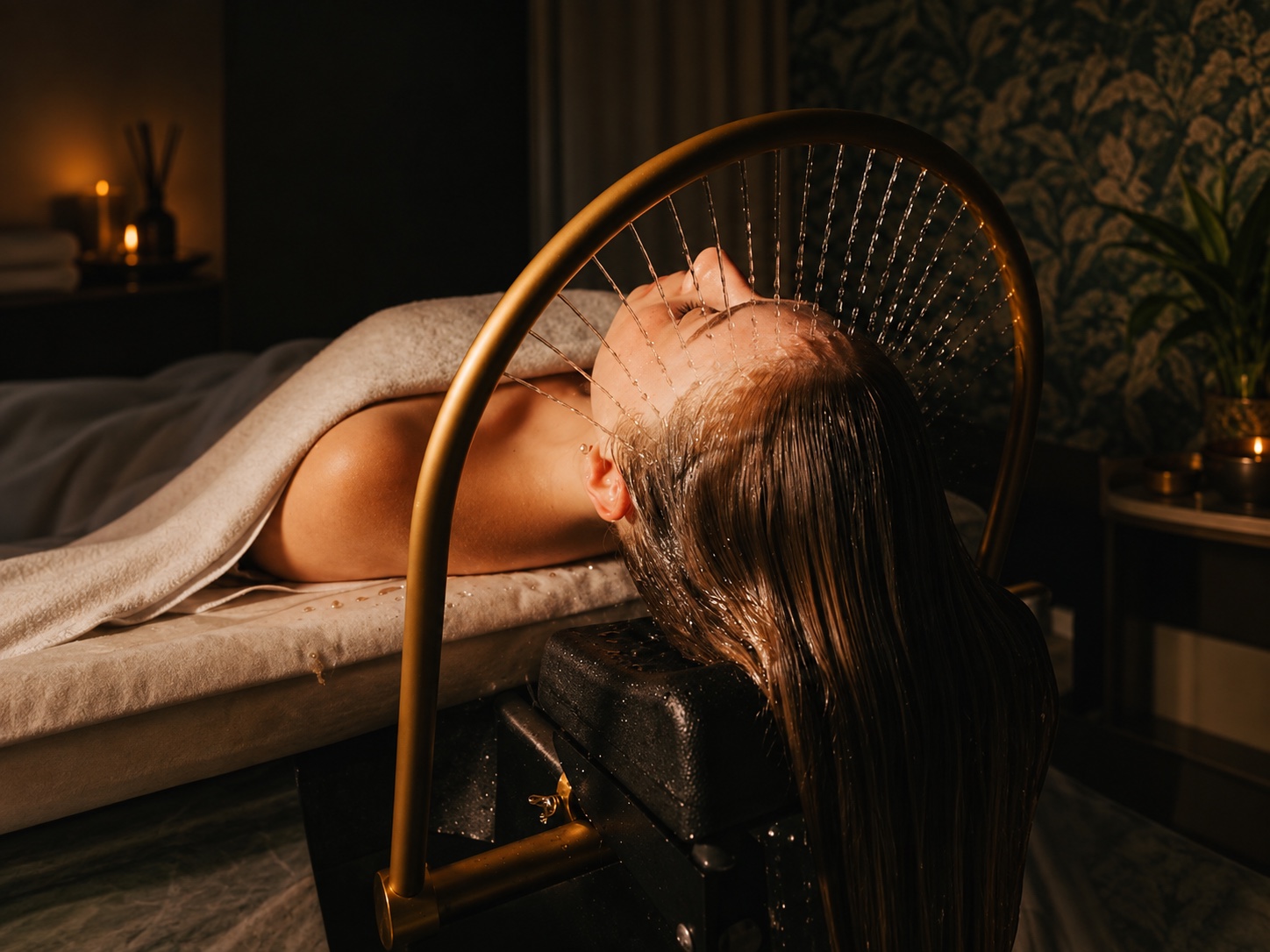Warm water ring ritual during an aromatherapy Head Spa treatment