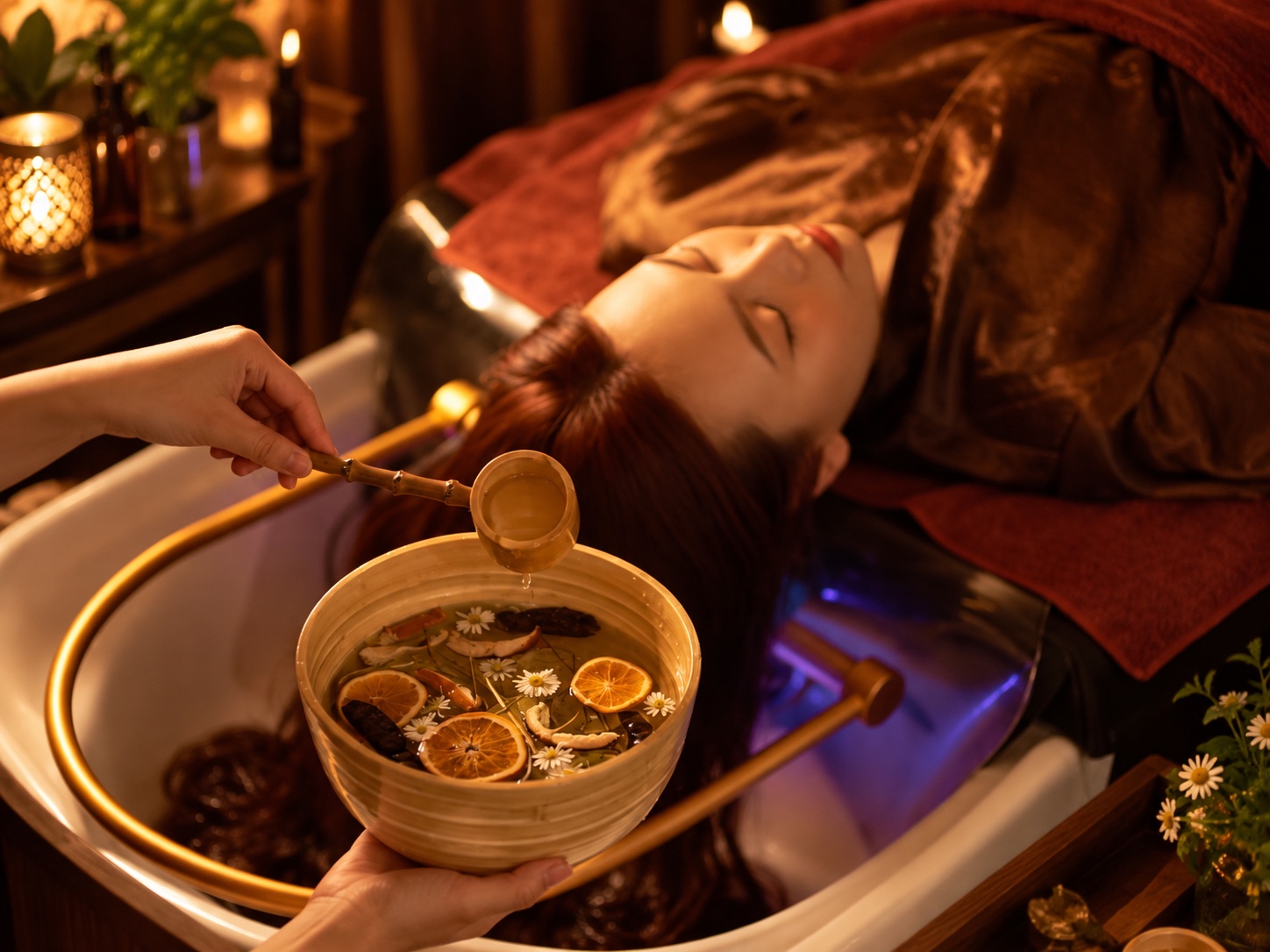 Warm botanical infusion prepared for Herbal Scalp Care