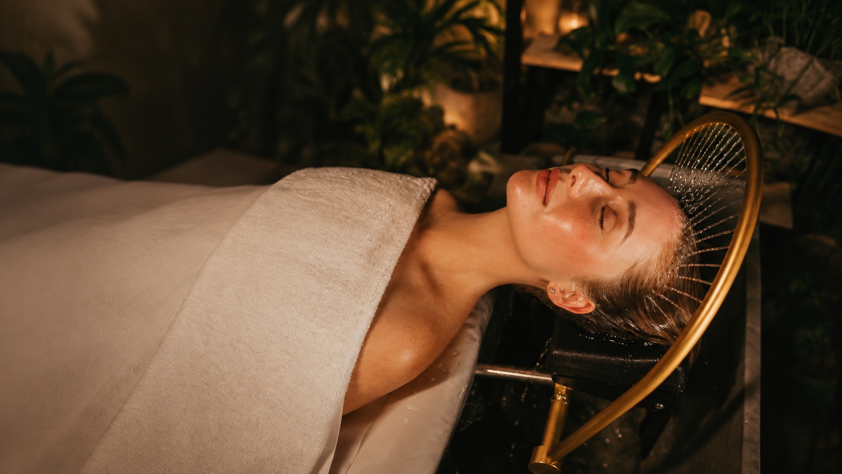 Client relaxing during a Head Spa scalp treatment