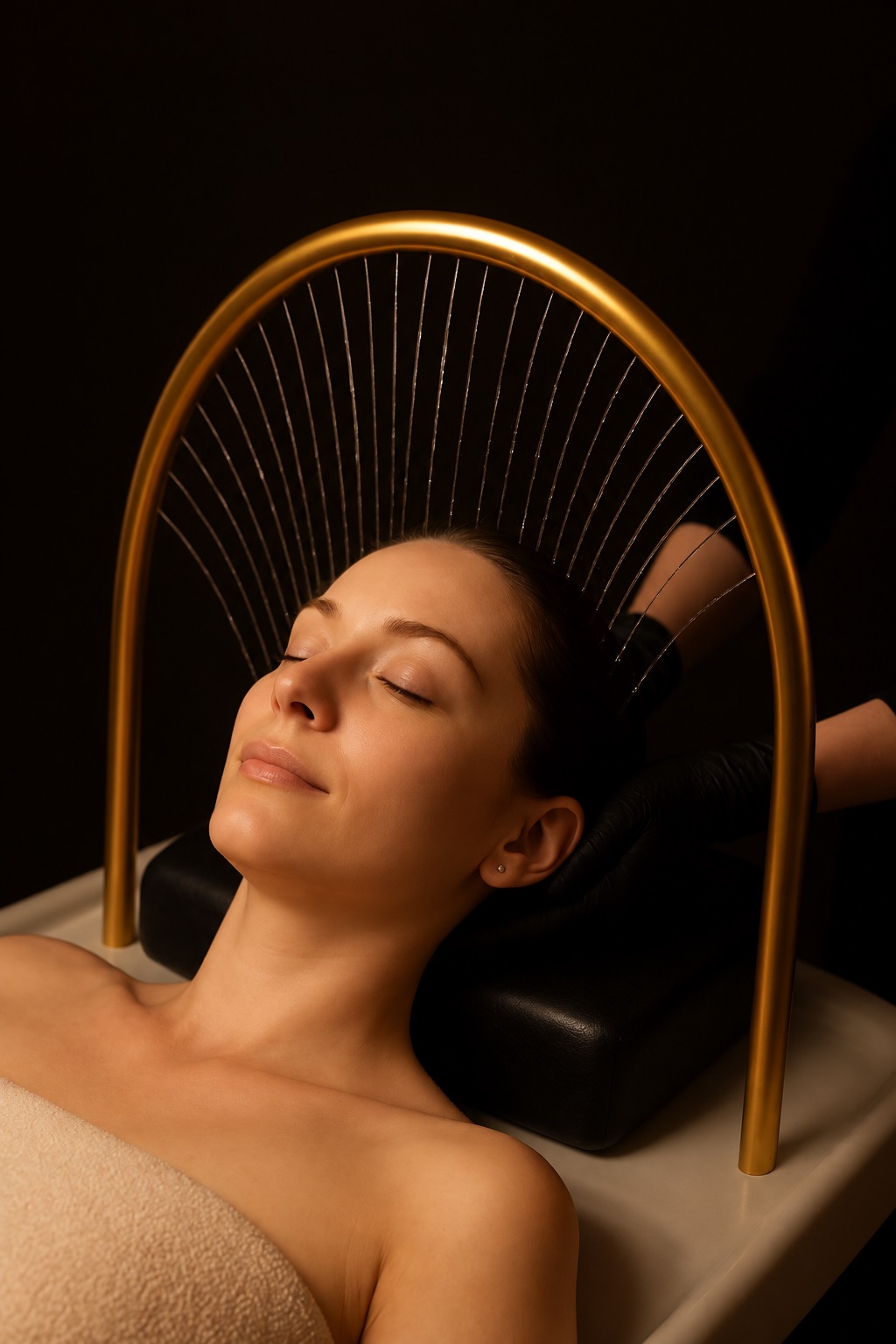 Guest relaxing beneath a golden water halo during personalized Head Spa care