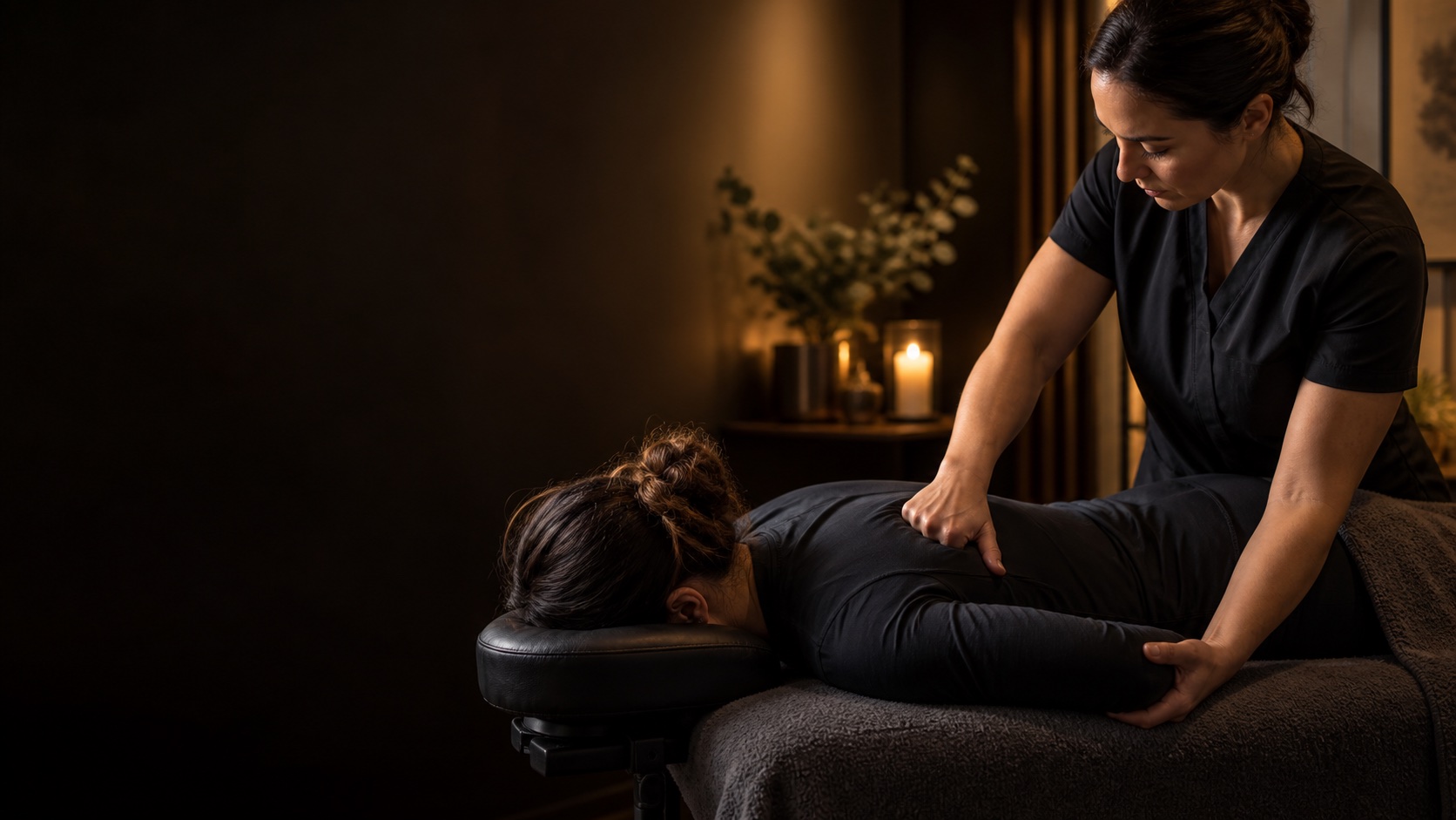 Therapist applying focused pressure during pain relief massage